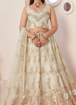 White Net Embroidered With Stones Umbrella Lehenga Party Wear