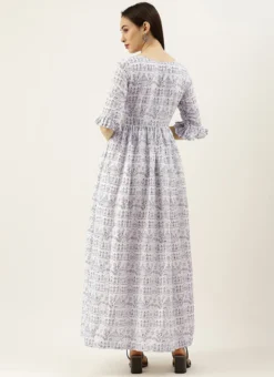 White Rayon Printed Gathered Maxi Dress Festive Wear -Mahra Clothing Shop White Rayon Printed Gathered Maxi Dress DRBS02105422 b