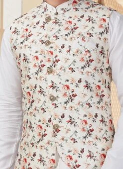 White Soft Silk Kurta Pyjama With Jacket Party Wear