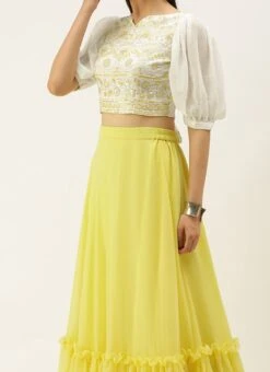 Teen Girls White Viscose Embroidered Yellow Lehenga Festive Wear