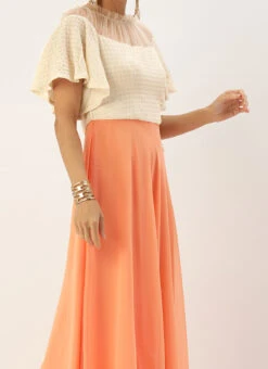 Teen Girls White Viscose N Light Peach Embroidered Gown Party Wear