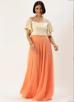 Teen Girls White Viscose N Light Peach Embroidered Gown Party Wear -Mahra Clothing Shop White Viscose N Light Peach Embroidered Gown IWBS02204716 u