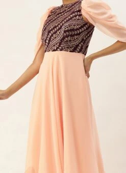 Teen Girls Wine Chinon Embroidered N Peach Georgette Gown Party Wear