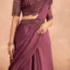 Wine Chinon Silk Ready Pleated Saree Party Wear