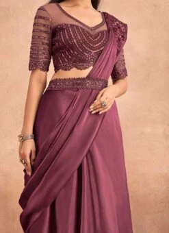 Wine Chinon Silk Ready Pleated Saree Party Wear