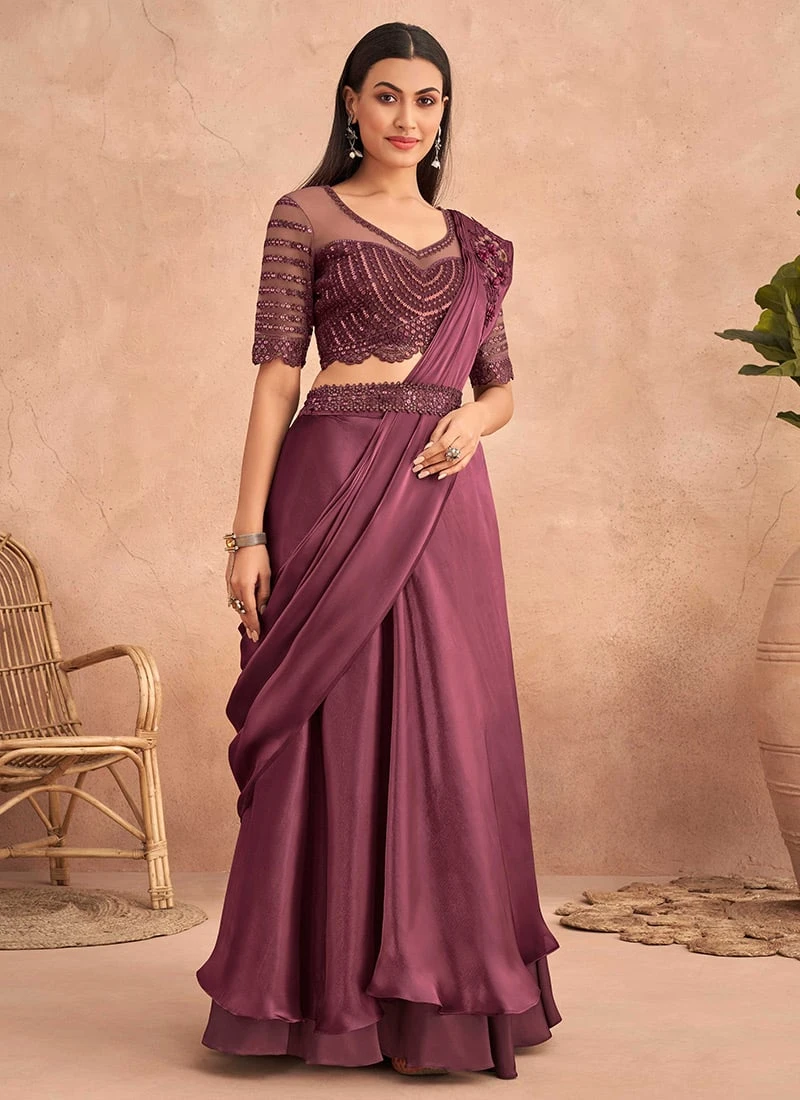 Wine Chinon Silk Ready Pleated Saree Party Wear 3 Wine Chinon Silk Ready Pleated Saree Party Wear - Image 3