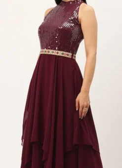 Wine Georgette Embroidered Handkerchief Gown Festive Wear