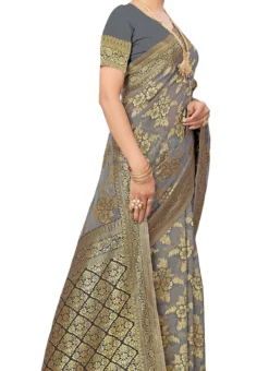 Woven Work Grey Color Cotton Saree Festive Wear
