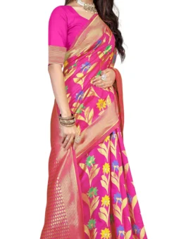 Woven Work Rani Pink Color Cotton Saree Festive Wear