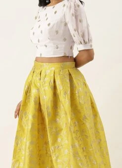 Teen Girls Yellow Brocade Box Pleat Skirt N Crop Top Set Festive Wear