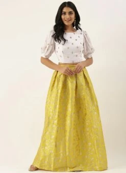 Teen Girls Yellow Brocade Box Pleat Skirt N Crop Top Set Festive Wear -Mahra Clothing Shop Yellow Brocade Box Pleat Skirt N Crop Top Set IWBS02012741 u