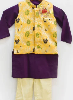 Yellow Brocade Jacket With Purple Kurta And Chudid