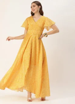 Yellow Digital Print High N Low Style Dress After Six Wear -Mahra Clothing Shop Yellow Digital Print High N Low Style Dress DRBS02306371 u