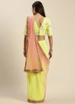 Teen Girls Yellow Embroidered Blouse N Peach Half N Half Saree Party Wear -Mahra Clothing Shop Yellow Embroidered Blouse N Peach Half N Half Saree SABS02108684 b 1