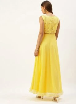 Teen Girls Yellow Embroidered Boat Neck Gown Festive Wear -Mahra Clothing Shop Yellow Embroidered Boat Neck Gown IWBS02203526 b