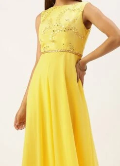 Teen Girls Yellow Embroidered Boat Neck Gown Festive Wear