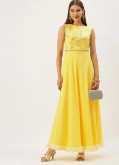 Teen Girls Yellow Embroidered Boat Neck Gown Festive Wear -Mahra Clothing Shop Yellow Embroidered Boat Neck Gown IWBS02203526 u
