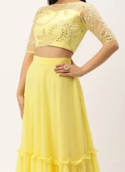 Teen Girls Yellow Embroidered Crop Top N Skirt Festive Wear