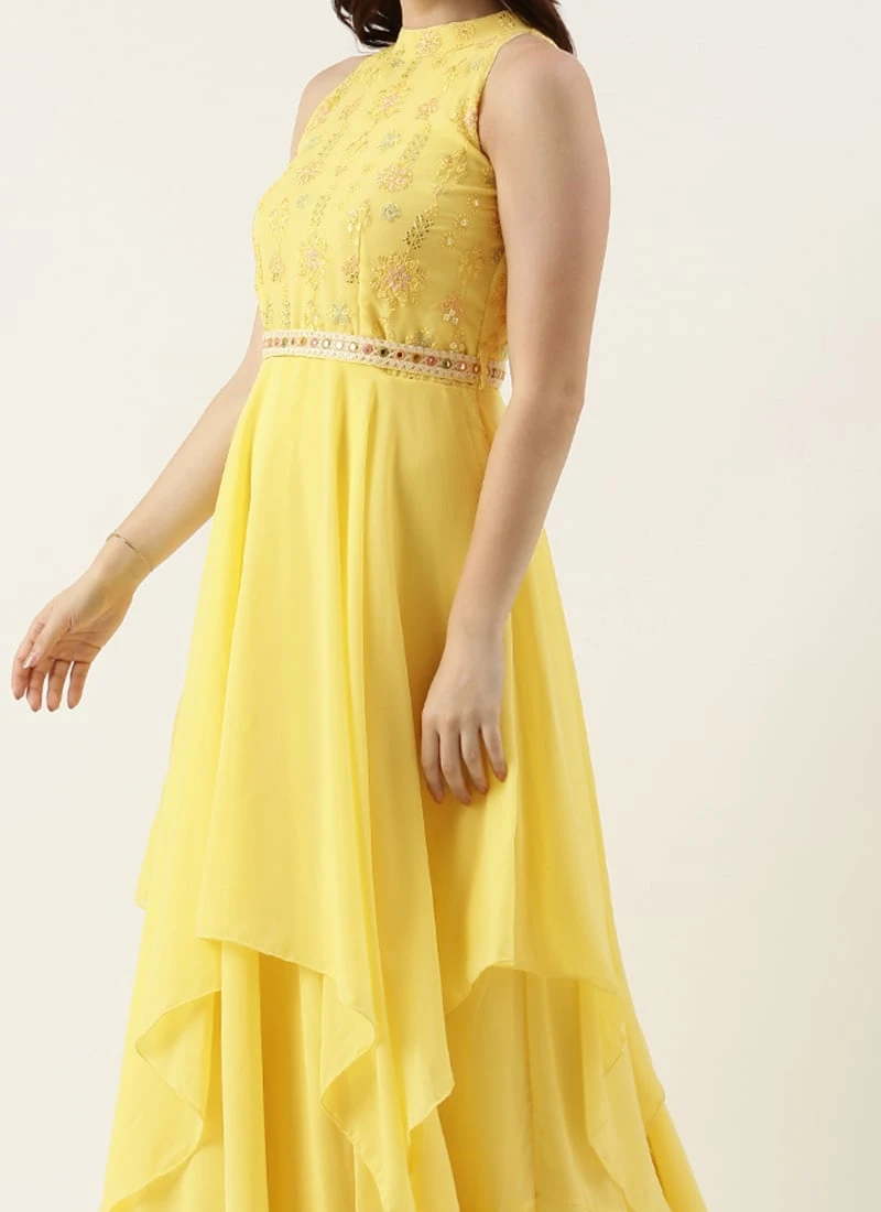 Teen Girls Yellow Embroidered Handkerchief Gown Festive Wear 1 Teen Girls Yellow Embroidered Handkerchief Gown Festive Wear