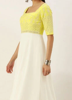 Teen Girls Yellow Embroidered N White Floor Length Gown Party Wear