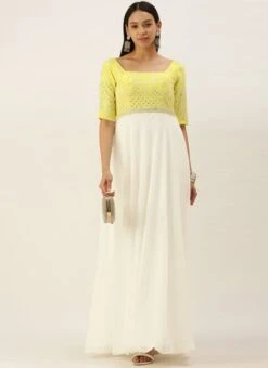 Teen Girls Yellow Embroidered N White Floor Length Gown Party Wear -Mahra Clothing Shop Yellow Embroidered N White Floor Length Gown IWBS02111106 u