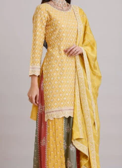 Yellow Embroidery Sequins Chinon Suit With Skirt Party Wear
