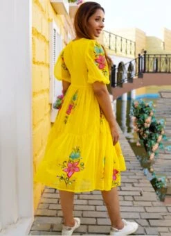 Yellow Faux Chiffon Digital Print Fit And Flare Dress After Six Wear -Mahra Clothing Shop Yellow Faux Chiffon Digital Print Fit And Flare Dress DRSSUF1306 b