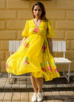 Yellow Faux Chiffon Digital Print Fit And Flare Dress After Six Wear -Mahra Clothing Shop Yellow Faux Chiffon Digital Print Fit And Flare Dress DRSSUF1306 u