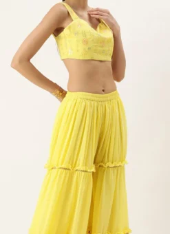 Jacket From Yellow Georgette Embroidered Crop Top N Sharara Set