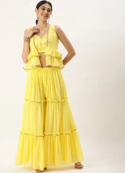Jacket From Yellow Georgette Embroidered Crop Top N Sharara Set -Mahra Clothing Shop Yellow Georgette Embroidered Crop Top N Sharara Set IWBS02212558 u 1