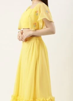 Teen Girls Yellow Georgette Embroidered Crop Top Skirt Set Party Wear