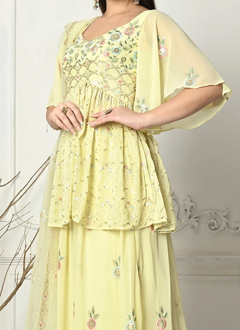 Teen Girls Yellow Georgette Embroidered Palazzo Suit Wedding Wear 1 Teen Girls Yellow Georgette Embroidered Palazzo Suit Wedding Wear