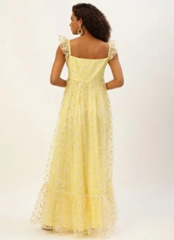 Yellow Glitter Foil Tiered Gathers Dress Party Wear -Mahra Clothing Shop Yellow Glitter Foil Tiered Gathers Dress DRBS02209691 b