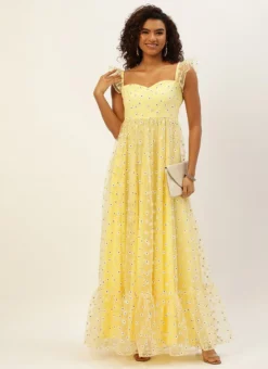 Yellow Glitter Foil Tiered Gathers Dress Party Wear -Mahra Clothing Shop Yellow Glitter Foil Tiered Gathers Dress DRBS02209691 u