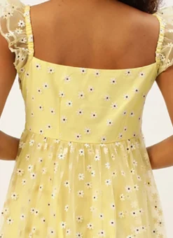 Yellow Glitter Foil Tiered Gathers Dress Party Wear -Mahra Clothing Shop Yellow Glitter Foil Tiered Gathers Dress DRBS02209691 rrc2