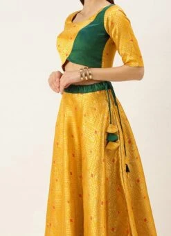 Teen Girls Yellow Jacquard N Green Umbrella Lehenga Festive Wear
