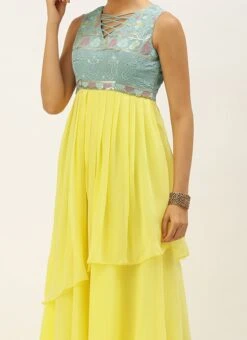 Teen Girls Yellow N Blue Georgette Sequins Gown Festive Wear