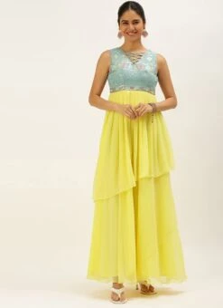 Teen Girls Yellow N Blue Georgette Sequins Gown Festive Wear -Mahra Clothing Shop Yellow N Blue Georgette Sequins Gown IWBS02208469 u