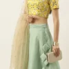 Teen Girls Yellow N Green Embroidered Low Neck Lehenga Party Wear