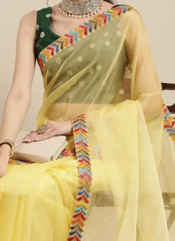 Green Jacquard N Yellow Organza Saree Party Wear