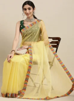 Green Jacquard N Yellow Organza Saree Party Wear -Mahra Clothing Shop Yellow N Green Jacquard Border Saree SABS02111076 u