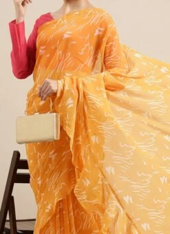 Teen Girls Yellow N Pink Georgette Ruffle Saree Festive Wear