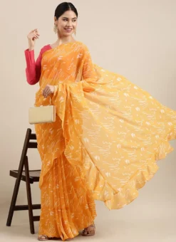 Teen Girls Yellow N Pink Georgette Ruffle Saree Festive Wear -Mahra Clothing Shop Yellow N Pink Georgette Ruffle Saree SABS02203572 u
