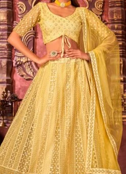 Yellow Net Embroidered And Sequins Umbrella Lehenga Party Wear