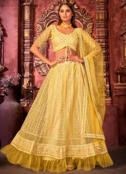 Yellow Net Embroidered And Sequins Umbrella Lehenga Party Wear -Mahra Clothing Shop Yellow Net Embroidered and Sequins Umbrella Lehenga GHSAK42436002 u