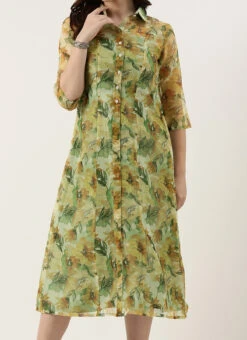 Teen Girls Yellow Organza Digital Printed Coat Style Dress Party Wear