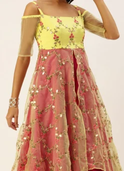 Yellow Organza N Hot Pink Layered Style Gown Festive Wear