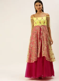 Teen Girls Yellow Organza N Hot Pink Layered Style Gown Festive Wear -Mahra Clothing Shop Yellow Organza N Hot Pink Layered Style Gown IWBS02206202 u 2
