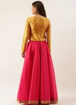 Teen Girls Yellow Peplum Top With Pink Chanderi Skirt Set Party Wear -Mahra Clothing Shop Yellow Peplum Top With Pink Chanderi Skirt Set IWBS02111091 b