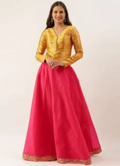 Teen Girls Yellow Peplum Top With Pink Chanderi Skirt Set Party Wear -Mahra Clothing Shop Yellow Peplum Top With Pink Chanderi Skirt Set IWBS02111091 u